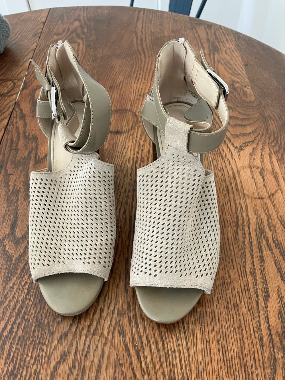 Marc Fisher Beige Perforated Open-Toe Ankle Strap Heels